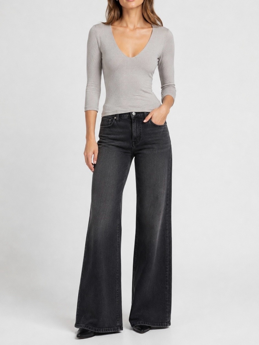 Michael Stars Gray Solid Knit V-Neck 3/4 Sleeve Slim Stretch Top One Size